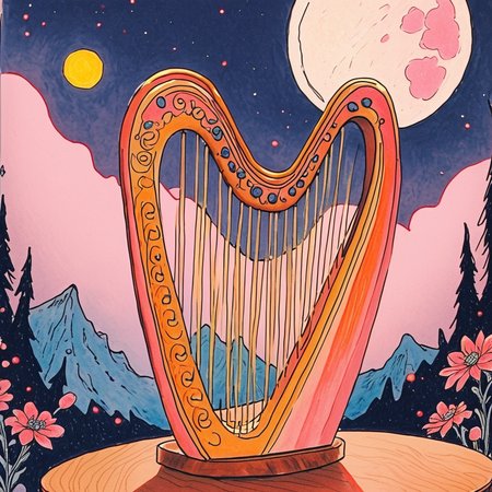 Score_9, score_8_up, score_7_up, score_6_up, BREAK  <lora:Pastel_ReveriePony:1> ArsMJStyle, Pastel Reverie, The image shows a drawing of a harp on a table with mountains in the background and a moon in the sky., moon, instrument, no humans, traditional media, flower, tree, full moon, mountain