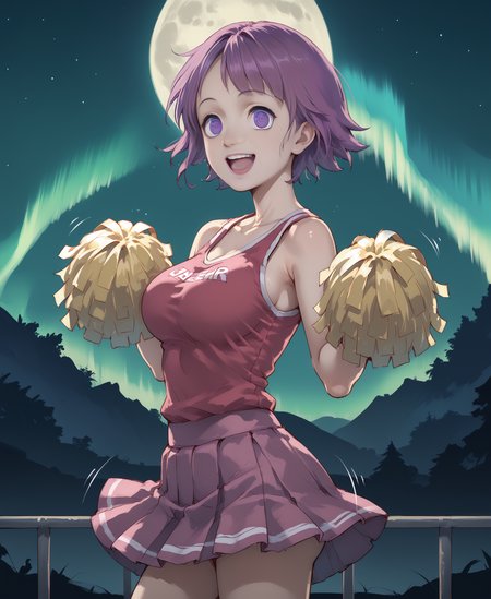 (score_9, score_8_up), score_7_up, score_6_up, best quality, standing, cowboy shot,
<lora:ebisu:1>, solo:1.3, 1girl:1.2, lovely, 
3bisu, purple hair, short hair, purple eyes, ringed eyes,  big breasts, bouncing breasts, happy, excited, poms,
(side view:1.3),  motion lines, slim:1.2, slender, petite:1.3, 
creepy fantasy underground world,
<lora:Cheer_Leader_Outfit_-_PONY:1>
Cheer Leader, Cheer Outfit, Cheer Leader Outfit, Pleated Skirt, Cheer Stance, Pom Poms,
night time, stars, full moon, aurora borealis, night,