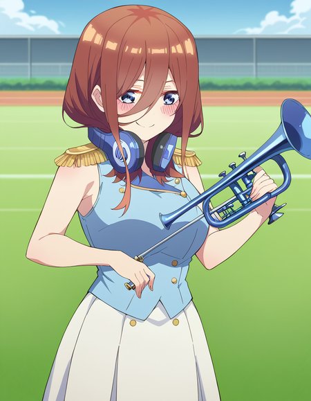 score_9, score_8_up, score_7_up, source_anime, <lora:miku-nakano-s2-ponyxl-lora-nochekaiser:1>, miku nakano, long hair, bangs, blue eyes, brown hair, hair between eyes, headphones, headphones around neck, large breasts,, <lora:band-uniform-ponyxl-lora-nochekaiser:1> band uniform, marching band, shako cap, trumpet, epaulettes, instrument, sleeveless, skirt, white skirt, miniskirt, playing instrument, track and field, blush, smile,, cowboy shot,