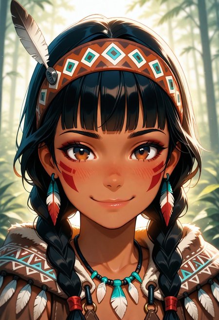 masterpiece, best quality, amazing quality, volumetric lighting, (realistic), BREAK, 1girl, 25 years old, cute, petite, 
brown eyes, dark-skinned female, dark skin, jewelry, o-ring, facial tattoo, tattoo, 
detailed face, portrait, face focus, depth of field, looking at viewer, blush, shy smile, 
black hair, long hair, blunt bangs, twin braids, 
native american headdress, headband, feathers, 
native american, necklace, tribal, cape, 
earrings, 
forest,
