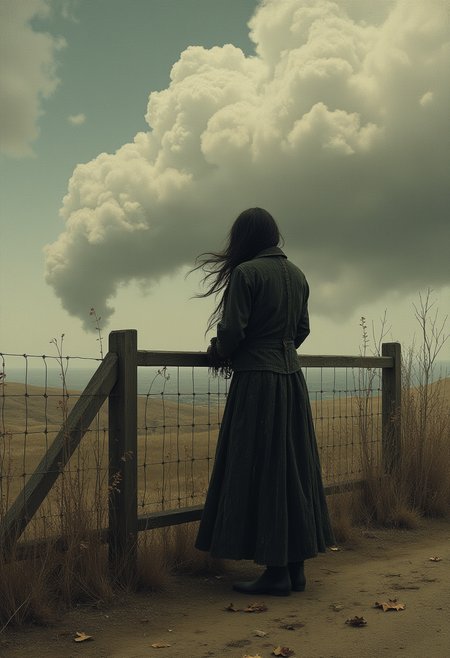 A masterpiece of sad style created by the collaboration of Edmund Dulac and Gustav Klimt.    In this poignant photograph, a lone figure stands by a dilapidated fence, their back turned towards us. The figure wears a tattered coat that seems to be weighted down by heavy emotions, hinting at a long and arduous journey through sorrow. Their face is partially obscured by the shadows cast from the low hanging clouds, which stretch out like vast, melancholic tendrils across an overcast sky. A few withered leaves scatter at their feet, serving as symbols of passing time and ephemeral beauty. In the background, a desolate landscape extends to the horizon, its muted colors reflecting the somber mood. The overall scene evokes a sense of isolation and profound sadness, capturing the essence of loss and introspection.    HD32K, hyperdetailed, best quality, midjourneyv6.1.
