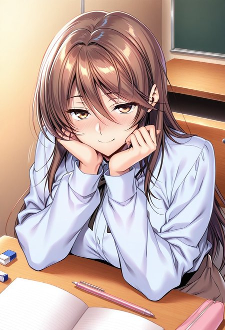 general,highres, ultra-detailed,very aesthetic,best quality ,best hands,masterpiece, best quality, newest, highres, score_9, score_8_up, score_7_up, source_anime, rating_explicit,1girl, yokota mamoru style,motion lines,Very straight nose，slim,slender face,perfect nose,torogao,seductive smile,looking at the viewer
Ichinose Honami,Brown hair, hair Parted to Side, Sidehair, Spiky Bangs, Waist Length hair,long hair,amber eyes,slim
1girl, solo, brown hair, pencil, long hair, sitting, pencil case, indoors, pen, table, desk, long sleeves, notebook, eraser，Head on the table,from above