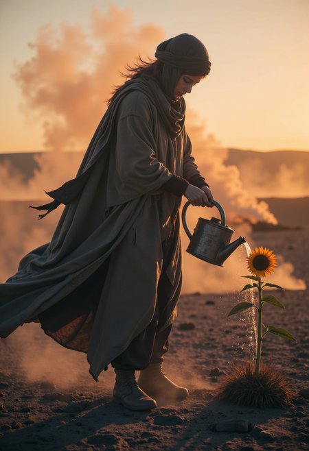 ethdysty. The scene is a photorealistic, cinematic CGI illustration set in a desolate, dystopian landscape. A woman, dressed in tattered, Bedouin-style clothing, stands in the midst of a volcanic, ash-filled environment. Her outfit, a loose, flowing robe and a scarf wrapped tightly around her head, billows in the wind. The fabric is weathered and worn, faded from the harsh elements, with dark, earthy tones that blend into the desolate world around her. Her face, partly obscured by the scarf, is dusted with ash, but her eyes remain focused with determination and care.
In her hands, she holds an old, rusted watering can, the metal worn thin from years of use. She gently waters a small, struggling sunflower growing amid the cracked, barren earth. The bright yellow petals of the sunflower stand in stark contrast to the surrounding wasteland, as if clinging to life despite the oppressive environment. The wind stirs the edges of her tattered clothing and the dust from the dry ground, creating a sense of movement and fragility in the stillness.
The air is thick with the remnants of destruction, but the woman’s quiet act of nurturing a flower offers a fleeting moment of hope in a crumbling world. The light from a distant, setting sun casts long shadows, illuminating the woman and the delicate flower she tends to, a symbol of resilience in the face of despair.
