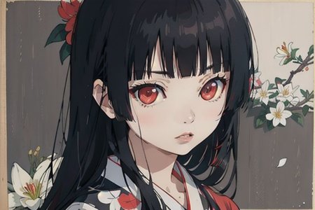 enma ai, hair down, hair black, bangs, eyes red, masterpiece, best quality, ultra-detailed, illustration, 1girl, solo, highres, photorealistic, ultra high res, (Original illustration composition), (fusion of limited color, Maximalism artstyle, kimono obi fashion, double exposure, background, illustration, Amazing, lily spider, night darkness, open one's mouth, flowers red, Movie poster, sitting
