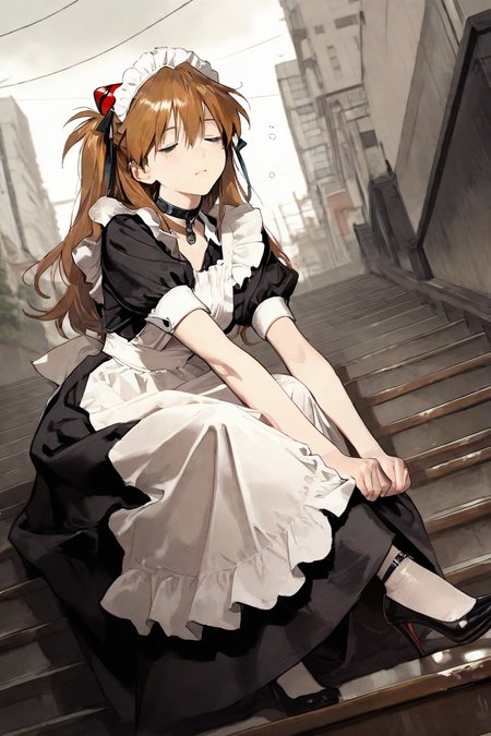 1girl, solo, mature female, asuka_langley_souryuu, maid apron, black choker, maid headdress, white apron, puffy short sleeves, hair ribbon, dynamic angle, upper body, sitting, holding high heels, tired face, dynamic pose, masterpiece, best quality, highres, absurdres, newest, aesthetic, very aesthetic, charcoal \(medium\), outdoors, cityscape, depth of field, blurry background, building, stairs, day, overcast, real world location, photo background