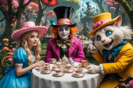 Alice in wonderland:(best quality:1.4),(masterpiece:1.4),(detailed:1.3),8K,A wacky and colorful scene with Alice and wonderland characters at the Mad Hatters tea party,garden,<lora:helios2:0.3>,<lora:extremely_detailed:0.5>,