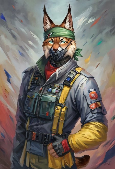 Score 9, Score_8_up, Score_7_up, ng_deepnegative_v1_75t, negative_hand, charturnerv2, knee-deep portrait of adult male,  banners, starship, high technology, shirt, fingerless gloves, soldier uniform,, , anime, Arknight provens, detailed background, cyberpunk, bandana, facemask, furry,  lynx species,  lynx tail, lynx ears, muscle, bulky