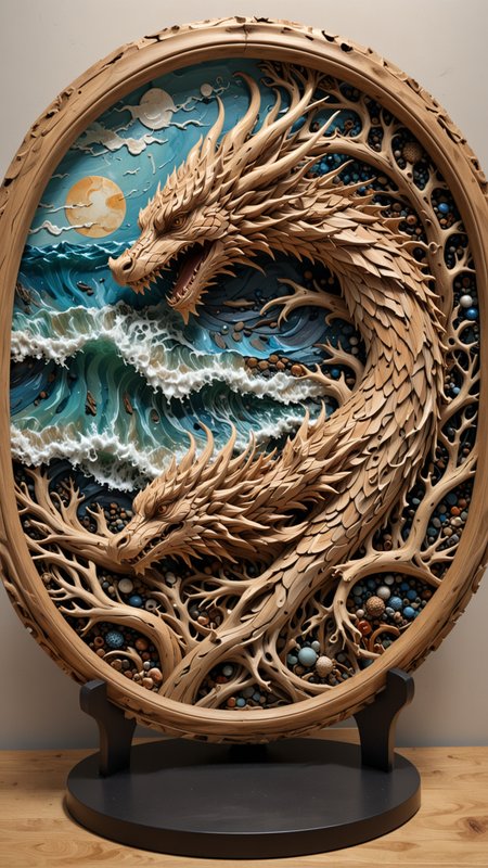 round plate on a display stand, hand Carved, 3D Seascape, abstract art, Carving,  EPIC, <lora:3D_Framed_Wall_Art_-_By_DICE:0.4>, (3D Framed, Plate), UHD,  <lora:Driftwood_Detailed_Art_-_By_DICE:0.8> , driftwood dragon
