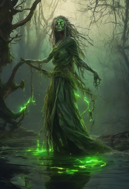 fantasy,medieval Russia fantasy,female druid,(zombie:1.3),(dynamic pose:1.3),entangled with roots,in a swamp,detailed background,(glowing nature magic:1.3),(glowing green eyes:1.1),(glowing green tattoos:1.1),tattered clothing,holding a stick,close up,midnight,(particle effects),floating magic particles, glowing dust