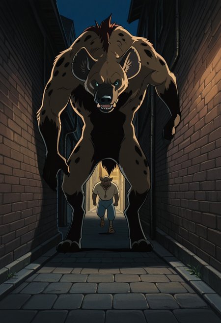 lazypos, retro_artstyle, masterpiece, best quality, amazing quality, cinematic ambiance, deep contrast, rich color tones, anime, 1monster, Werehyena, Monster, hyena, furry, obscured, peeking_around_corner, hiding behind brick alley, alleyway, shadowy alley, looking at viewer, perfect background, outdoors, night, slum, sidewalk, night, urban, animation artstyle, dark, shadows,
