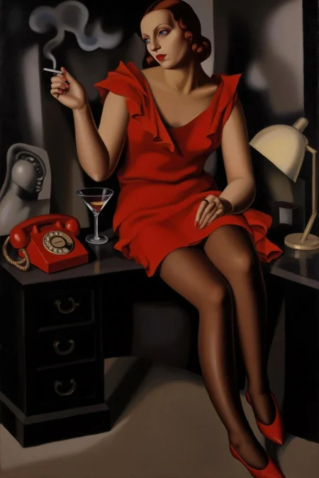 tamaradelempicka1 painting.
A woman is sitting on a black desk. She is dressed in a red dress, stockings, and high-heeled shoes. She is holding a cigarette, with smoke rising above her. On the desk are a red rotary telephone, a desk lamp, and a martini glass.  <lora:tamaradelempicka1_cap_d8a4:1.0><lora:863959226567885140:0>