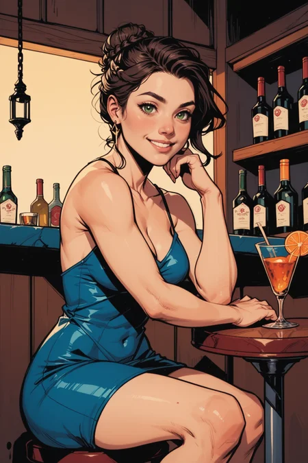 1girl, breasts, solo, dress, green eyes, cocktail glass, bar \(place\), sitting, looking at viewer, covered navel, cup, drinking glass, jewelry, earrings, indoors, black hair, lips, blue dress, short dress, nose, medium breasts, bare shoulders, stool, hair bun, blush, cocktail, sleeveless, collarbone, braid, sleeveless dress, alcohol, fruit, cleavage, realistic, counter, bar stool, food, smile, bare arms, patreon username, spaghetti strap, brown hair, closed mouth, <lora:Expressive_H:0.5>, score_9, score_8_up, score_8_up, a_Comic_Illustration, rough lines with ink, (drawn:1.1), (sketch:1.5), (crosshatching:1.25), (comic style:1.1), graphic novel style, sharp lines, hires, zstyle, (western comics \(style\):1.1), (hatching \(texture\):1.2), zPDXL, Mr_Monster_Possitive