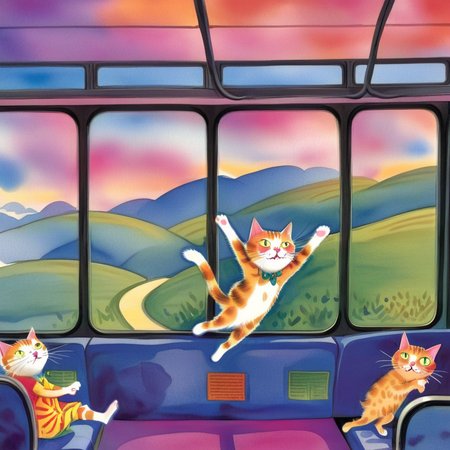 A  watercolor-style image of a large, whimsical cat-shaped bus running at full speed. The bus should be designed to look like a cat, complete with ears, whiskers, and a tail. Inside the bus, there should be a group of joyful children sitting in the seats, looking out the windows or talking to each other. The setting could be a magical landscape, perhaps with rolling hills and colorful skies, to add to the sense of wonder and adventure, <lora:jimi:0.8>