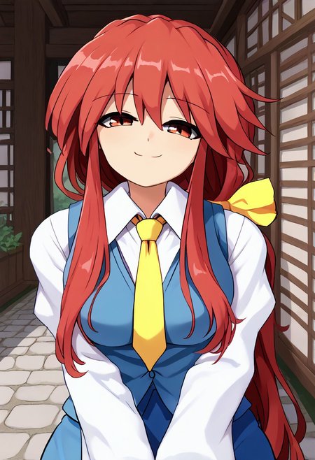 score_9, score_8_up, anime style, mature female, (1girl), Kotohime, Kotohime from Touhou Project, (red hair, red eyes), blue vest, white shirt, blue skirt, yellow necktie, long sleeves, buttoned shirt, buttoned vest, long hair, low-tied long hair, bow hair tie, (yellow bow), low ponytail, single-knotted hair, bangs, beauty, looking at viewer, outdoors, smug expression,