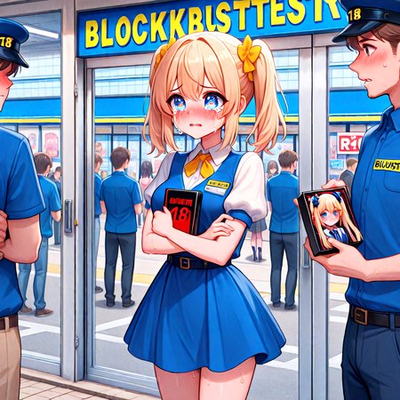 absurdres, explicit, blockbuster, storefront, character print dvd case, holding, 1girl and 1boy, a petite female, shy, blush, unhappy, angry, sweat, breasts, parted lips, twintails, short dress, a tall male, pants, employee uniform, height difference, glass door, glass wall, road, signboard, R18 dvd case, R18 text poster, street, crowd, people, 6+boys, profile, outdoors, looking inside, tearing up, crying with eyes open, police, crossed arms, <lora:girllikeblockbuster_ilxl:1>