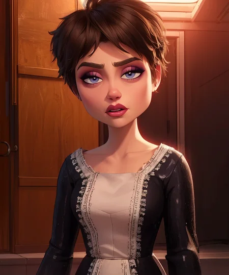 Evelyn,short brown hair,makeup,eyes half open,upper body,looking at viewer,black dress with white line,long sleeves,collarbone,dress skirt,
(insanely detailed, beautiful detailed face, masterpiece, best quality) cinematic lighting,<lora:Evelyn:0.8>,