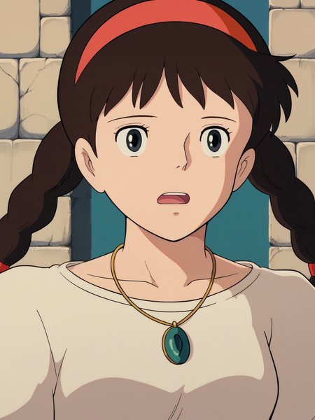 score_9, score_8_up, score_7_up, score_6_up, score_5_up,
1girl, solo, braid, pendant, twin_braids, jewelry, brown_hair, hairband, necklace, black_eyes, parody, anime_coloring, open_mouth, upper_body, long_hair, glowing, wall, official_style, retro_artstyle, red_hairband, style_parody, twintails
 <lora:Castle_in_the_Sky_SD8:1>