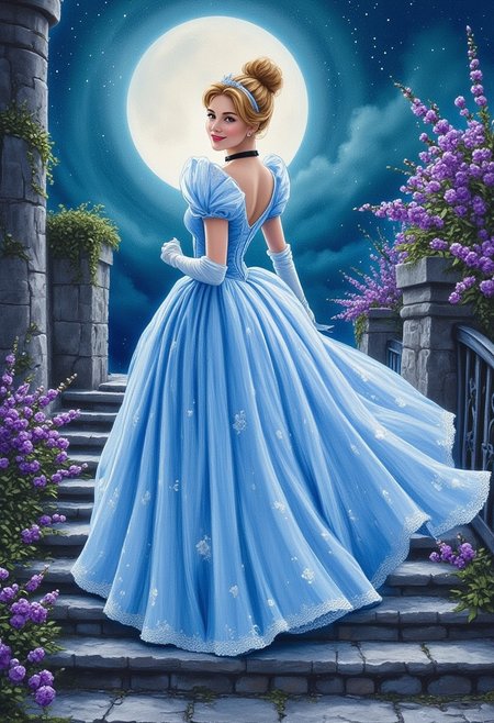 dreamy, chalk paint, water color, alcohol ink blend, pastel drawing, detailed brushstroke, impasto, soft painting of Cinderella in her blue ballgown, going down stone steps, the colors includes lilacs, blues, teals, gold and peach tones with a hint of white, the setting is magical and enchanting moonlight, ultra detailed
