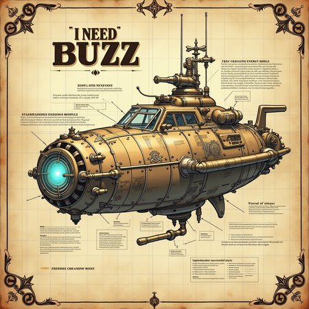 A technical schematic of a steampunk spaceship, drawn in intricate detail on aged parchment paper. The design includes labeled components such as brass gears, steam-powered engines, exposed pistons, pressure gauges, and a central energy core glowing with blue light. The hull is detailed with rivets, mechanical joints, and pipes running throughout the structure. A bold annotation in the center of the schematic clearly reads **"I NEED BUZZ"** in large, blocky, blueprint-style text, surrounded by a decorative brass frame and highlighted with arrows pointing to an experimental energy module. The schematic includes detailed measurements, annotations in elegant vintage handwriting, and decorative compass roses and corner embellishments in steampunk style. The background features a subtle grid overlay, giving it the appearance of a genuine engineering draft.



