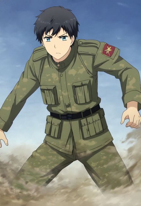 high resolution, solo, best quality, 1Boy, Arata Kaizaki, Black Hair, Blue Eyes, military, action, OverallDetail
