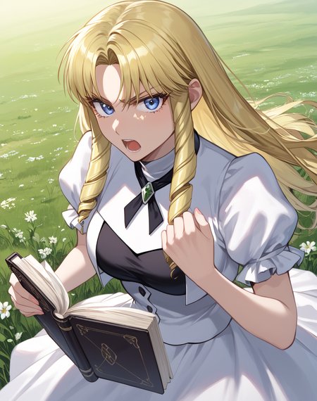 sherry_belmont, blue eyes, drill hair, long hair, blonde hair, drilled sidelocks, sherry dress, mamodo book, holding book in one hand, BREAK outdoors, field of grass, damaged terrain, BREAK looking at viewer,  serious face, open mouth, screaming, shouting, dynamic pose,  BREAK score_9, score_8_up, score_7_up, source_anime ,zPDXL,  <lora:Sherry:0.8>
