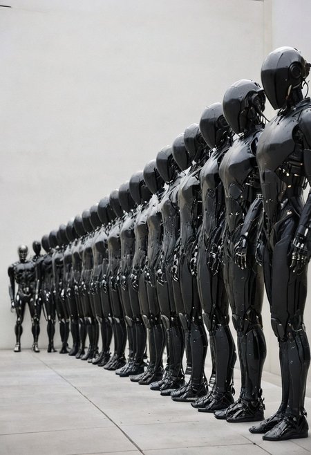 noface cyborg standing in a line