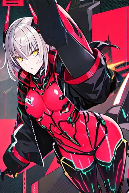 ZentreyaCyborg, yellow eyes, ZentreyaCyborgBase, yellow eyes, short hair, mechanical horns, red bodysuit, black jacket, mechanical legs