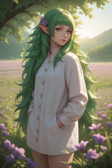 score_9, score_8_up, score_7_up, score_6_up
<lora:FESothis:1.0>
FESothis, 1girl, green hair, long hair, blunt bangs, pointy ears, looking at viewer, standing in a field of lavender, hands in pockets, slight breeze blowing hair, warm golden hour sunlight, serene and peaceful mood