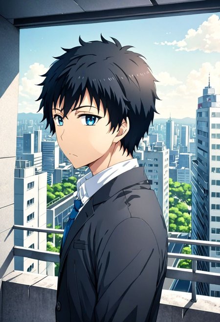 high resolution, solo, best quality, 1Boy, Arata Kaizaki, Black Hair, Blue Eyes, high-rise, top of building, landscape, shallow depth of field, OverallDetail
