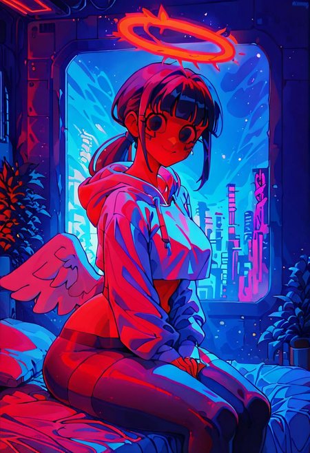 score_9,score_8_up,score_7_up,score_6_up, 1girl, 
 sitting in bed next to a large window, hands between thighs, wearing croptop hoodie, black croptop hoodie, long hair, black hair, blue strip in hair low ponytail hairstyle, angel, angelic girl, white wings, halo, glowing halo, black eyes, <lora:DetailedEyes_V3:1> <lora:add_detail:1>, pov from the side, sitting on the bed, hoodie, plants on the windowsill, looking out the window, looking away from viewer, background through window is vast space, galaxy background, wearing tights, leggings, black tights, thighs, night time, cyberpunk city view out of the window, neon light, purple neon lights, raining outside, heaving rain outside, girl is dry, no rain inside