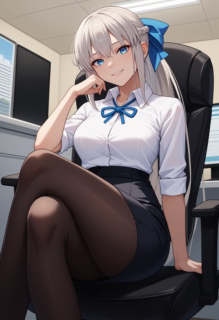 score_9, score_8_up, score_7_up, source_anime, solo, 1girl, m0rganst1, smile, looking at you, sitting, swivel chair, crossed legs, grey hair, ponytail, french braid, hair bow, white shirt, collared shirt, black skirt, pencil skirt, black pantyhose, large breasts, indoors, office
<segment:yolo-face_yolov8m.pt,0.4,0.5//cid=1>