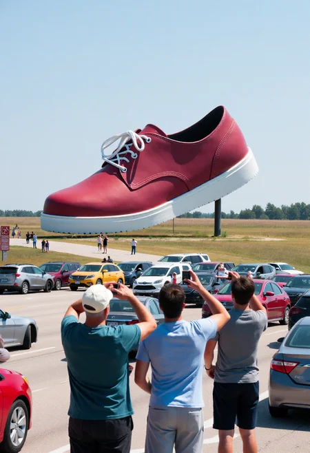 <lora:Roadside_Attraction_Assembler_FLUX_r1-000007:0.85>   
Photo depicting a surreal scene at a "world's largest shoe" roadside attraction, along with people taking photos of it and cars parked near it.
