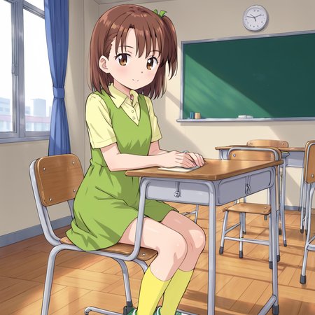 indoors, classroom,  <lora:v2:1> jerikatou, 1girl, solo, brown hair, green dress, yellow collared shirt, side ponytail, brown eyes, shoes, yellow socks, sitting, at desk, in chair.