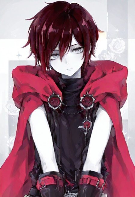Solo , 1 boy , score_9, score_8_up, score_7_up, score_6 ,Garnet_Rose , Garnet_BroRose, dark red hair white skin , grey eyes , red cape , black clothes , black boots , front view , upper body focus , upper body only