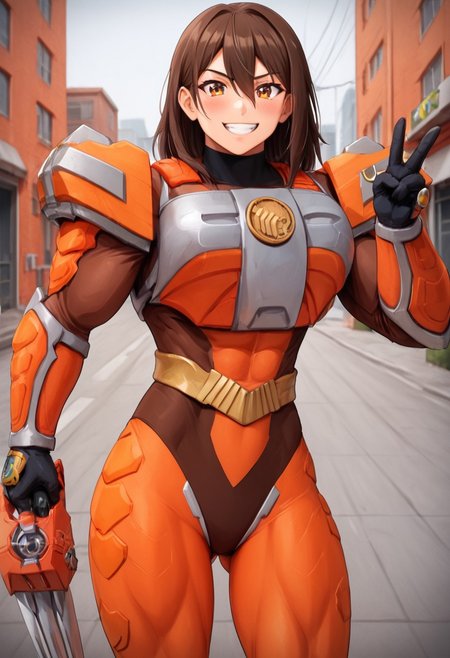 score_9, score_8_up, score_7_up, zPDXL, zPDXLpg, source_anime, <lora:offset_0.2:0.1>, <lora:spo_sdxl_10ep_4k-data_lora_webui:1>,
1girl, solo,
sazervisuel, orange bodysuit, brown leotard, belt, armor, gauntlets, black gloves, tight cloth ,claw \(weapon\)<lora:Sazer_Visuel:1>,
brown hair, brown eyes, hair between eyes, medium hair, hair behind ear,muscular_female_illust, muscular, muscular female, gigantic muscles,vaginal
Seductive smile, blush on face, hands peace ,facing viewer, ass visible through thighs, looking at viewer,
cowboy shot,
outdoors, city, street