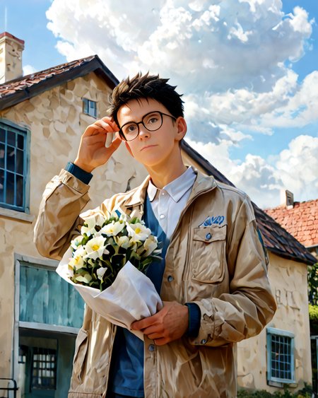 ((1boy)), masterpiece, score_9,score_8_up,score_7_up,The image features a young adult male standing in front of a bright blue sky, seemingly on a sunny day. The man is dressed in a casual yet stylish ensemble including a beige bomber jacket, a white shirt with a collar, and coordinating light-colored trousers. He is wearing dark, round-framed glasses and has short, styled black hair.
The man's pose suggests he is in a relaxed mood, with one hand casually placed on his forehead, while the other holds a small bouquet of white flowers. His expression is  friendly and approachable.
The background is minimalistic and complements the subject well, with a simple, white-painted structure that seems to be part of a residential area, possibly a house or a small covered entrance. The skies are cleared of clouds, suggesting good weather, which adds a pleasant and airy feel to the image.
 <lora:Cute_Cartoon_ArtStyle:1> <lora:betm_ft:1> <lora:add_detail:1>