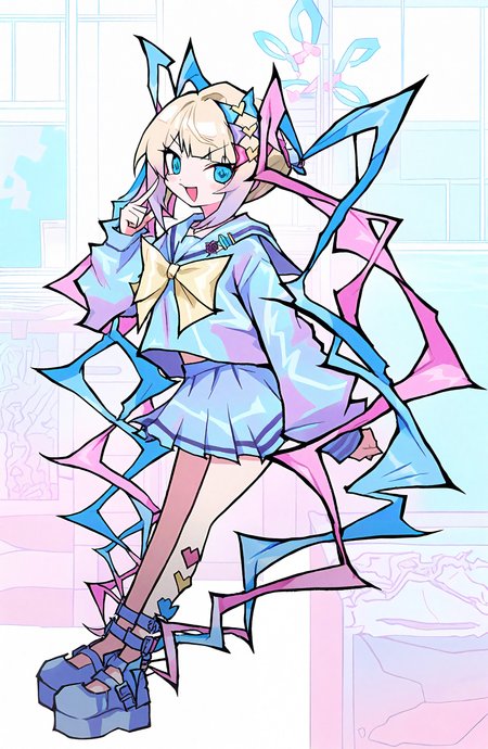 chouzetsusaikawa_tenshi-chan, 1girl, solo, long_hair, looking_at_viewer, smile, open_mouth, blue_eyes, shirt, skirt, blonde_hair, long_sleeves, hair_ornament, bow, very_long_hair, blue_hair, school_uniform, full_body, pink_hair, multicolored_hair, hair_bow, pleated_skirt, serafuku, sailor_collar, blue_skirt, blue_bow, blue_shirt, pink_bow, yellow_bow, purple_bow, blue_footwear, platform_footwear, multiple_hair_bows, quad_tails