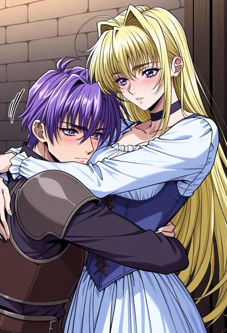 masterpiece, best quality, newest, highres, uncensored, 1girl, yokota mamoru style,1girl, slender face，motion lines,blush
Cecilia Game,Ahoge Hair, Blonde Hair, Waist Length Hair,Long Hair,Violet Eyes,Large Eyes,Choker,Slim
A man and a woman, hugging, long-lost lover, man in armor, man with purple hair, blonde woman, two people wearing medieval aristoical costumes