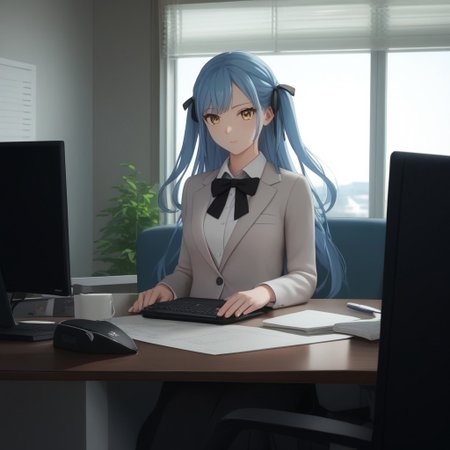score_9, score_8, score_7, anime style, anime, (masterpiece:1.2, best quality:1.2), ((ultra-detailed)), best anatomy, togawa sakiko, long hair, blue hair, yellow eyes, black ribbon, hair ribbon, two side up, bangs,  messyjapaneseoff1ce, office interior, indoors, office, doing_customer_assistant_work, in front of computer,