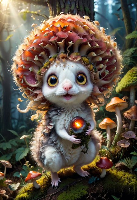 Mix the mushrooms, mouse and curly fur to create adorable magical creature with big glowing eyes, masterpiece, Surrealism, close-up, macro photo, f/1.2, backlighting, Albert Edelfelt, multicolored hair