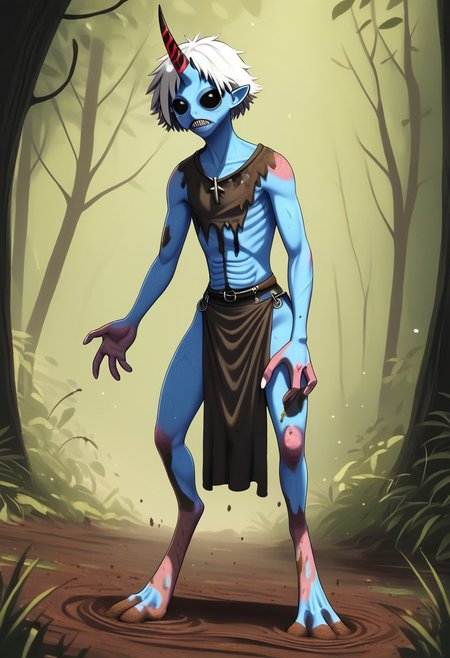 ((Alien humanoid)), solo, androgynous, aquatic features 
blue skin, ((webbed skin between fingers)),
((nostrils only, nostril slits, vertical nasal slits, narrow nostrils)):1.6, ((narrow eyes)), ((black sclera, black irises)), smooth skin,  pointy ears, small ears, tiny ears, holes in skin, forehead horn, short horn, veiny horn, ((single horn)):1.0, ((4 fingers)), fingernails, thin lips, ((white hair)), ((short hair, spiky hair)), sharp teeth, ((digitigrade legs)), bent legs,
full body shot
ragged clothes, muddy clothes, loincloth, tunic, dirty
Medieval style, fantasy style,
style: r1n,
((Variety)):1.2
((dutch angle))
river background
fully clothed, loose clothing, clean lines, smooth colors, detailed fingers, sfw, source: semi-realistic, rating: pg, score: 8 up, score: 9