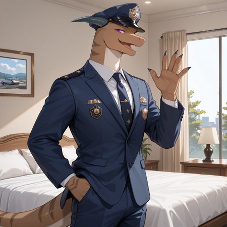1boy, highres, absurdres, newest, masterpiece, best quality, furry, furry_male, Sebastian_awsw, brown scales, horns, white underbelly, dragon, tail, scales, purple eyes, police hat, (claws, bipedal, feral:1.3), detailed eyes, wearing a suit, (standing, waving), open_mouth, open mouth smile, luxurious detailed room, bright room, day scene, professional lighting, white bed, solo, bedroom, smiling, seductive, looking_at_viewer, masterpiece, close up, safe