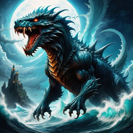 hyper detailed masterpiece, dynamic, awesome quality,marid, supernatural large powerful magical monstrous entity, strong magical, sea, free will, independence, formidable, capricious