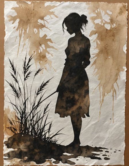 girl silhouette on rice paper, wabi-sabi, ink, watercolor, high contrast