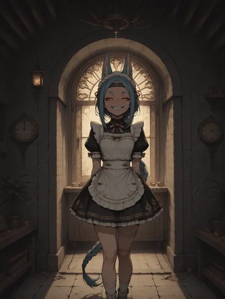 masterpiece,best quality,amazing quality,very aesthetic, mesugaki, haiz_ai, no lineart,no outline, HassaKu_illu, anime screencap, anime coloring, re4lity_sync_illu, S4bit4mago_illu, wasabi_natsume_illu, AmdrewXL, (character focus, close up:1.2),  Flat vector illustration, flat color, digital illustration, vintage dirt, eerie, 
 summer, heat, hot, dark theme, dark emerald theme, 
soft lighting, shadows, soft shadows, long shadows, 
1girl, (solo:1.6), feather_hair, impossible long hair, low_braided ponytail, bangs_pinned_back, no puplis, navy eyes, smiling, mature, looking at viewer, thick eyebrows, blue hair, dark Turquoise hair, tribal marks, toned,  tabi socks, flat chest, uneven teeth, robotic, skin lines, multicolored skin, (2::tanned, tanned skin:1.2),  pov, pov view, standing, legs together,  dynamic pose, cute pose, cute tail,  
circle print,  headband,
light orange satin intricate maid uniform, frills, apron, headband, 
BREAK
dark theme,  patterns,   gradient,  wallpaper, wall,  
 marble assymetric floor, floating tree, colored leafs, greenery, living nature,     rust,
old clock,cellar, walls, underground, Massive cranes, steam vents, factory chimneys, large machines, metal, metal pipes, large forklifts, small hazard lights, oily puddles,grand vaulted ceilings, intricately carved columns, gemstones in walls, elegant, symbols, mosaic floors, large stained glass windows, floating lanterns, winding staircases, rich tapestries, seating, 
<lora:NOOB_vp1_detailer_by_volnovik_v1:3> <lora:add-detail-xl:3> <lora:DetailedPerfect_hands_r1:1> <lora:feet_anime_pony_v2:1> <lora:S4bit4mago:0.6> <lora:xl_more_art-full_v1:0.2> <lora:anime_screencap:0.2> <lora:Granblue Fantasy XLV2:0.2> <lora:Sinozick_style:0.7> <lora:LineArt Grey [LoRA] - Illustrious-XL v0.1:0.3> <lora:Gothic_Grain_Illustrious:0.2> <lora:ppw_v7_Illuv1.0_1_r2:0.4>