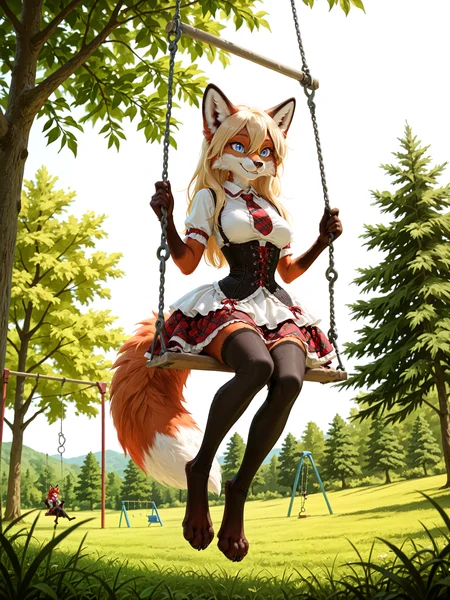 lazypos, 1girl, artist:kacey:0.75, petite female anthro red fox girl, medium breasts, athletic body, narrow waist, fox girl, two-tone fur, red fur, white fur, long blonde hair, hair between eyes, blue eyes, slit pupils, fox ears, fox tail, animal nose, cute face, adorable, sexy, fur, soft fluffy fur, smile, detailed eyes, beautiful eyes, snout, whiskers, full body, from below, digitigrade, fang out, <lora:FluffyFur-illustrious:0.55>, fur, fluffy, tuft, detailed fur, body fur, swing set, on swing set, outdoors, tree, meadow, <lora:HarajukuschoolgirldressILL:0.7> harsg dress, thighhighs, necktie, plaid skirt, corset, frills,