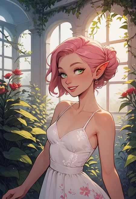 safe_pos, score_9, score_8_up, score_8, 1girl , solo sexy elf woman, light green eyes, straight long pink hair,  eyeliner, perfect face, elegant, refined, small breasts, colorful floral sundress, sweet smile, dynamic pose, volumetric lighting, cinematic lighting, indoors, greenhouse, vibrant colors, blurry background