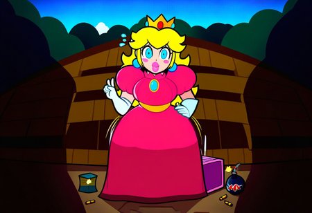 score_9,score_8_up,score_7_up,score_6_up,score_5_up,1girl, (princess_peach),mario_(series),(blonde_hair),blue_eyes,thick lips,glowing eyes,(wide hips),(thick thighs),curvy,happy,(blush stickers),tongue,pink dress,puffy shoulders,flower accesories, gold crown,gold belt,(long hair),(hand sign),white gloves,hair acccessories,holding wooden hammer,Jed-StickyN,belt,bullet belt,potion bottles,(bomb:1.4),lace pink dress,one-piece dress, long skirt,(gun case),CHRC4ND7,(forest),dress made of paper,(jewelry made of candies),(weapons made of paper),thick lips, wooden hut in the background,armory near forest,stone path, (motion lines:1.4),(trembling lines:1.4),(steamy breath),(flying sweatdrops:1.4),(clouds,stone bridge,statues made of paper), deep background,bracalet,gold necklace,mole,(??:1.4),origami, masterpiece,best quality,newest,absurdres,best shadow,light particles,4k,highly detailed background,amazing quality,very detailed clothes,highly detailed skin,wooden fence,umbrella, emphasis lines,very aesthetic,dynamic angle,high quality,gun, best shadows,spoken star,elbow gloves,<lora:add-detail-xl:2>