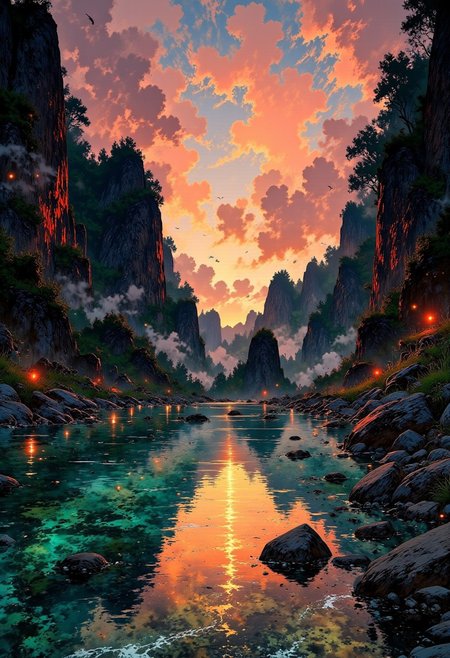 Philippines Hidden Lagoon – Amber Sky & Tranquil Waters
"A breathtaking hidden lagoon in the Philippines, surrounded by towering cliffs glowing in the golden light of sunset. The still water reflects shades of burnt orange and soft pink, creating a surreal mirror effect. The distant sound of birds echoes through the cove as the last light of the day slowly fades into twilight."