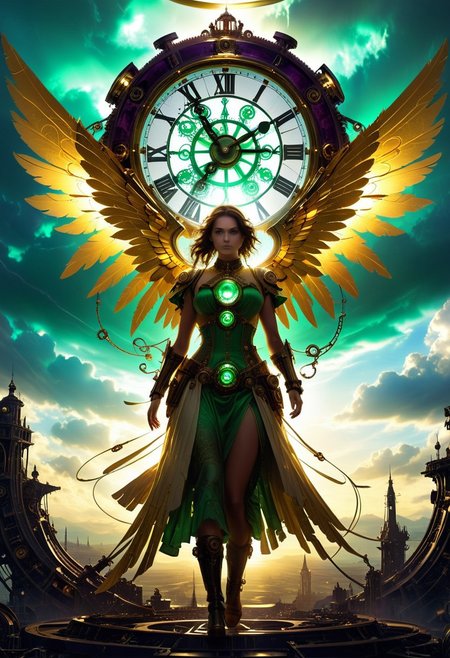 masterpiece,  newest, absorbed, incredibly absurdist, best quality, amazing quality, very aesthetic, 
1girl, golden silhouette,  giant clock face, oversized angel, standing on gears, golden light, mechanical wings, time distortion, steampunk,
Purble surround, green clouds